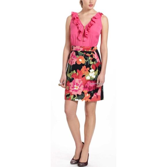 Anthropologie Tabitha Great Escape Sheath Dress Pink Black Zip Ruffle Floral 6 - Picture 1 of 6